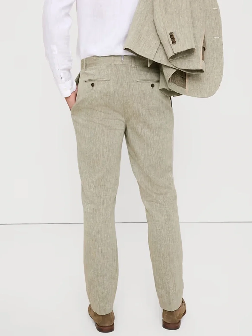 TAILORED SLIM-FIT GREEN LINEN-COTTON SUIT PANT
